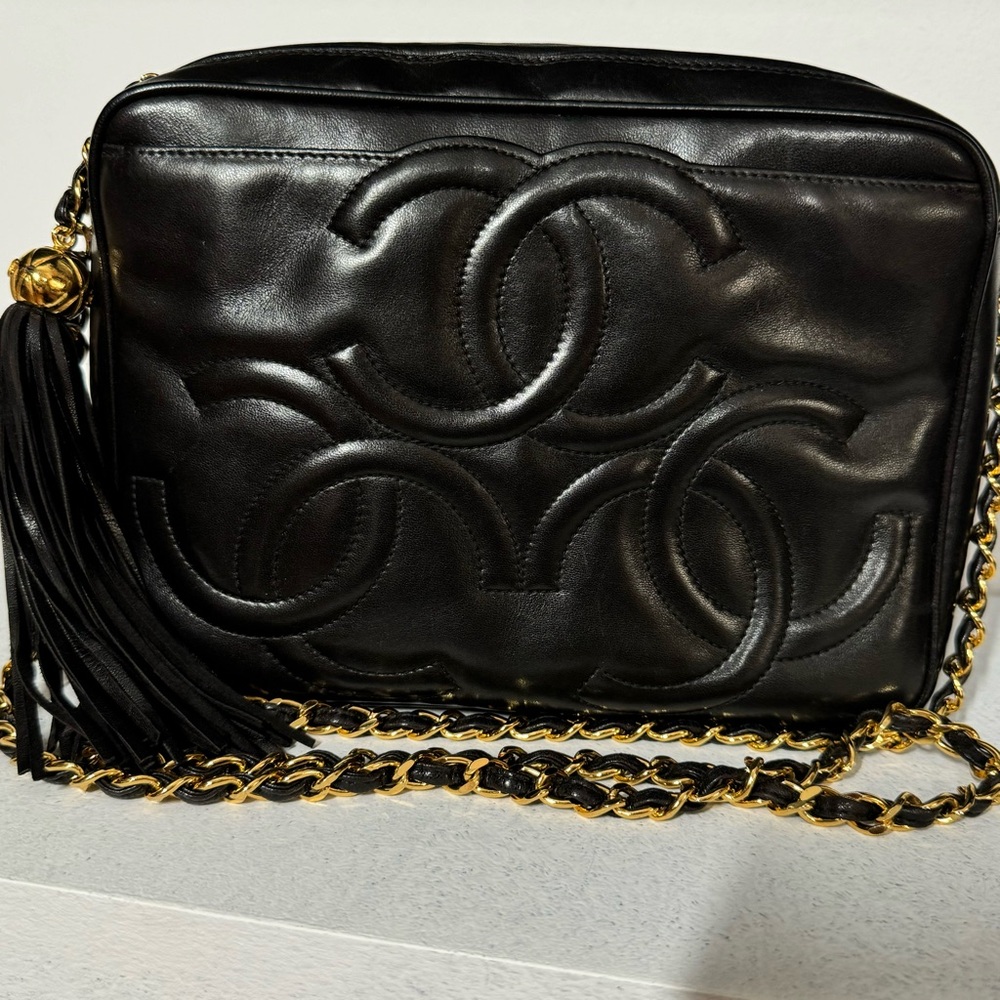 CHANEL Black lambskin Triple CC Shoulder / Crossbody Bag with Tassel